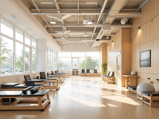 Modern pilates studio with professional equipment, showing multiple pilates reformers and clean, well-lit interior design