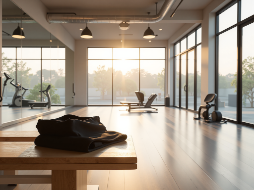 Modern pilates studio interior with professional equipment, soft lighting, and clean design, showing pilates reformers and yoga mats in organized arrangement