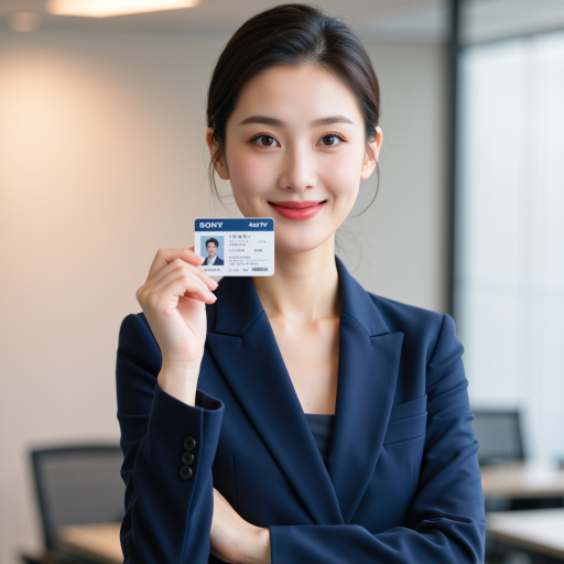 Female teacher Camile in professional attire, confident pose, clean background, showing certification credentials