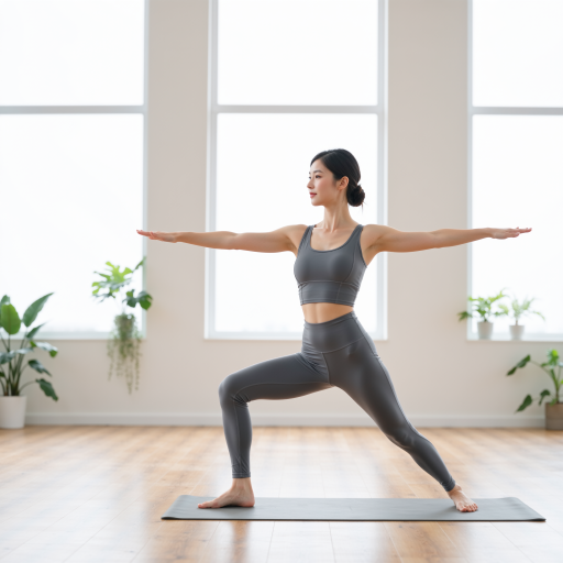 Female instructor Grace teaching pilates, wearing athletic wear, demonstrating proper form with focused expression